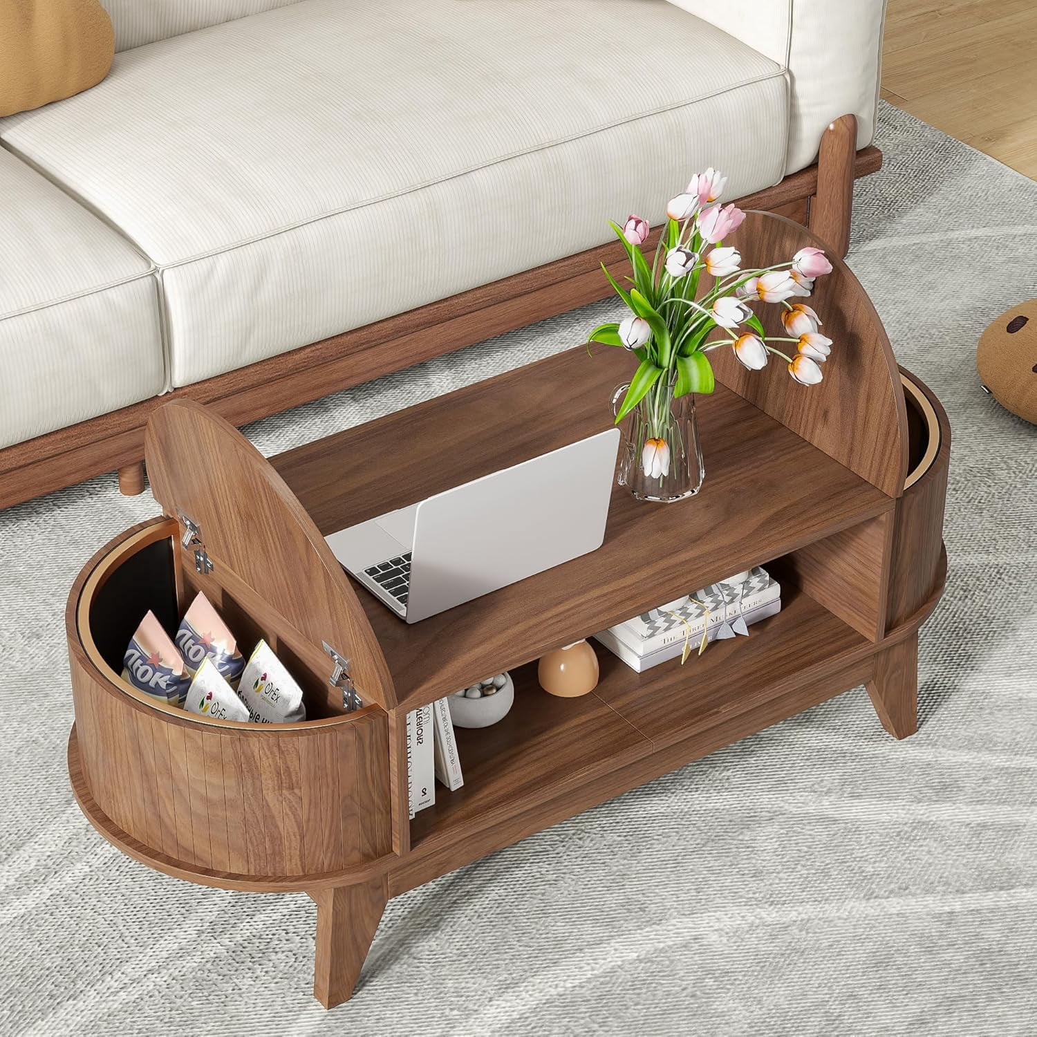 Coffee Table with 2 Hidden Compartment, Wooden Coffee Table with Open Shelf, Center Table for Living Room, Walnut Color