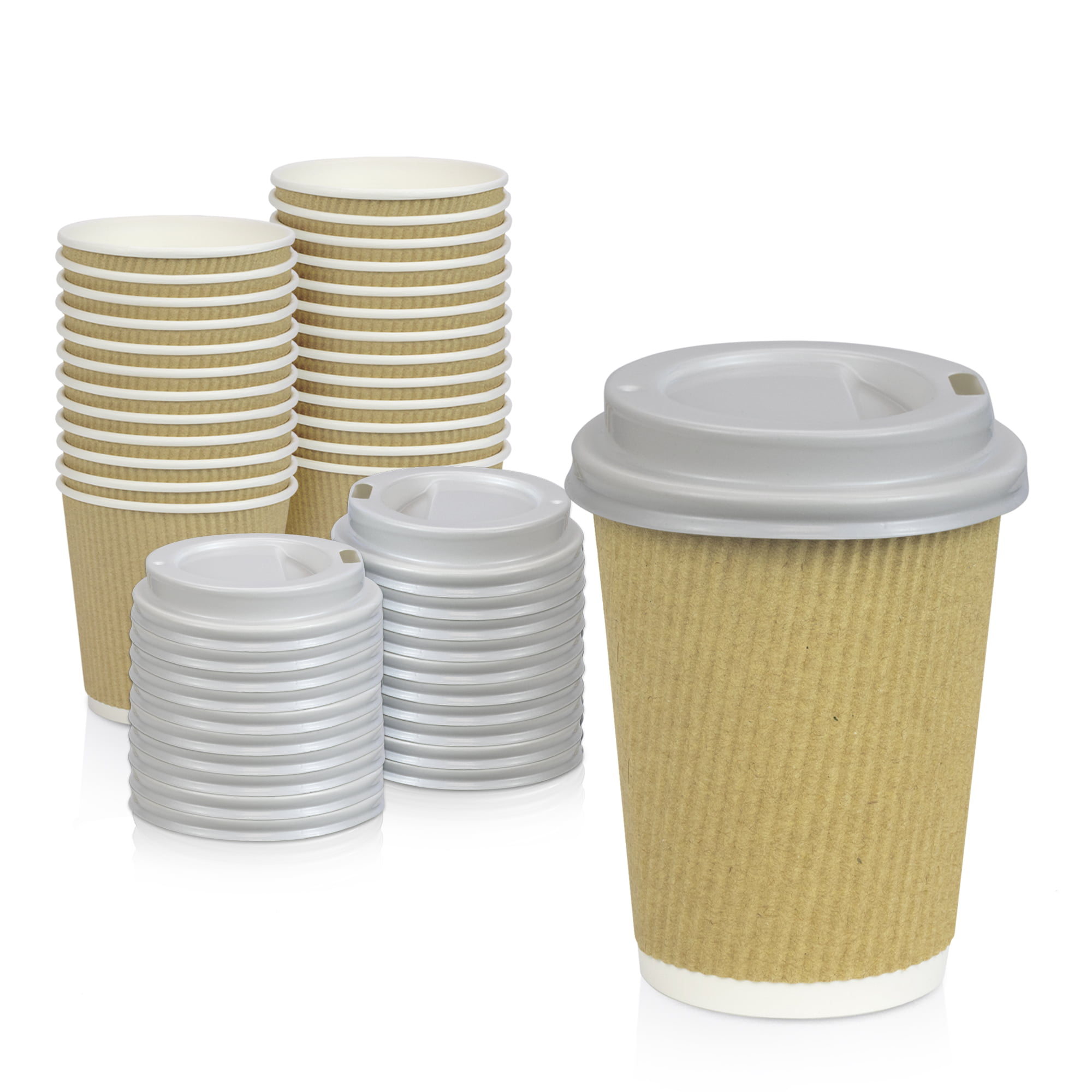 RIPPLE WALL KRAFT Paper Cups Coffee Tea 12oz Disposable LIDS Cold Hot Drinks 