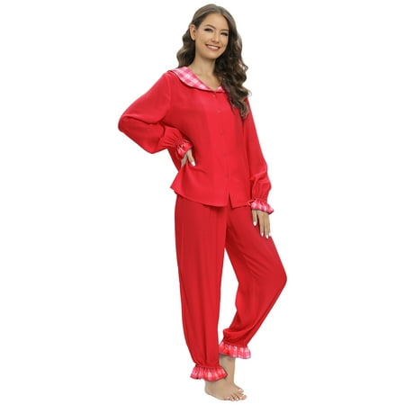 

Women s Long Sleeve Sleepwear with Long Pants Soft Pajamas Set Button Down Nightwear Plaid Loungewear Set