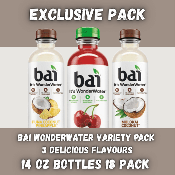 Bai Antioxidant Infused Water Variety Pack, 14 fl oz Bottles, 18 Pack | Puna Coconut Pineapple, Molokai Coconut & Bing Cherry | Low-Calorie Antioxidant Fruit Drink