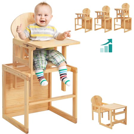 FUNLIO Wooden High Chair, 2-in-1 Convertible HighChair for Toddlers 0.5-6 Years, Height Adjustable for Babies,Premium Solid Wood with Detachable Tray/Cushion/Safety Belt, CPC Approved