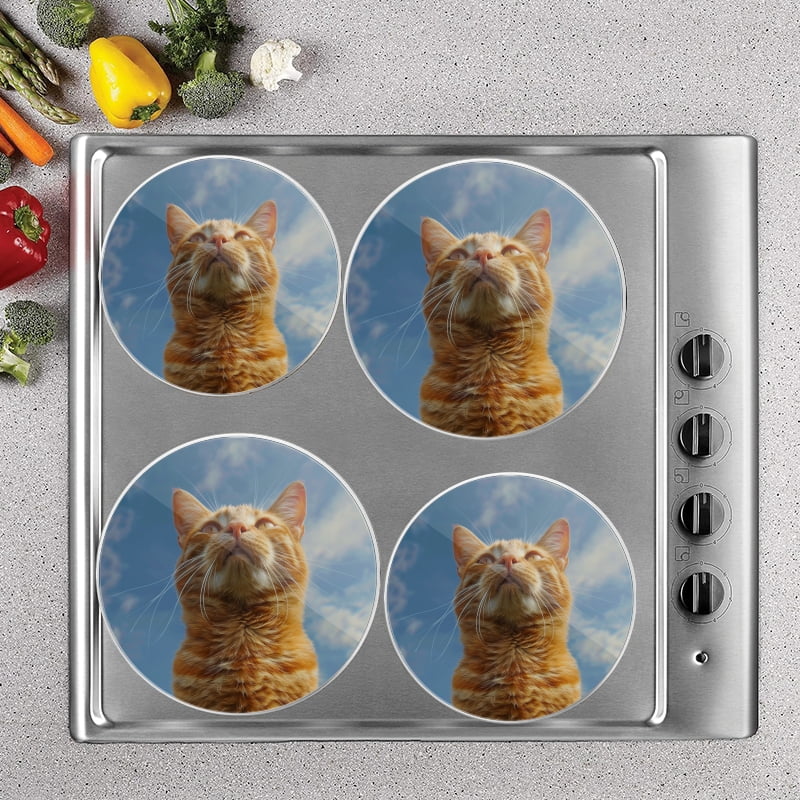 BaHomeck Electric Stove Burner Covers Set of 4,Round Metal Gas Stove Burner Covers 8 Inch and 10 Inch,Kitchen Decor,Cute Ginger Cat Looking Up At The Sky