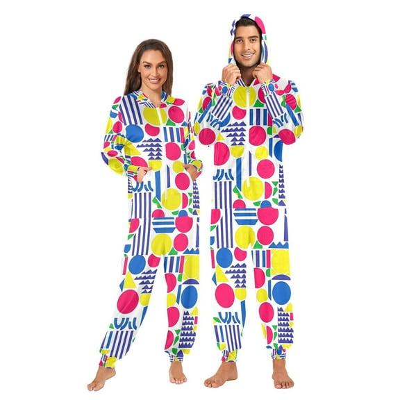 FORMRS Onesies Pajama for Adults Unisex Hoodie Winter Jumpsuit One Piece Sleepwear, Sizes S-2XL, Red Retro Shapes
