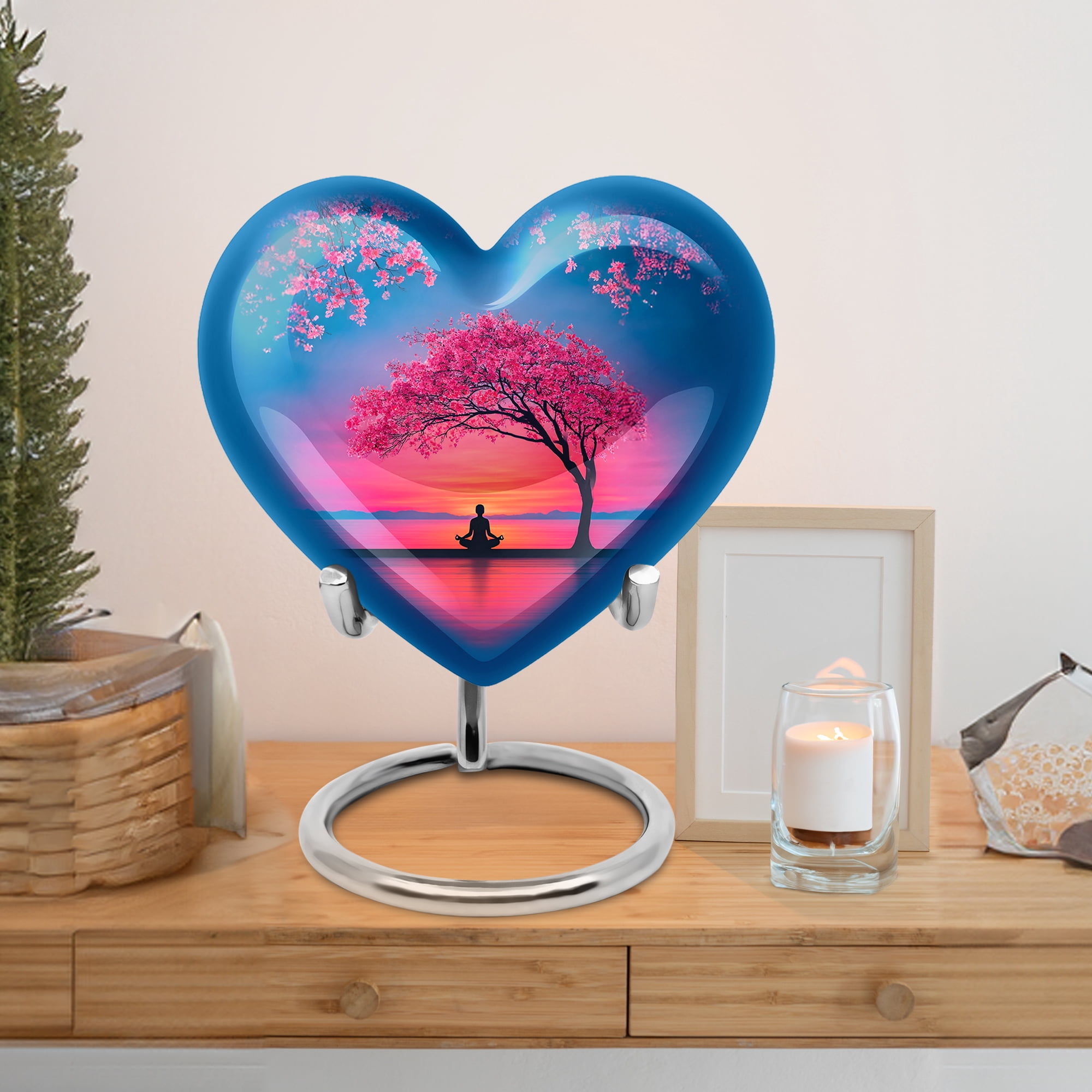 MUKTIVE Cherry Blossom Funeral Urns for Human Ashes, Adult Urn for Ashes Male & Female, Sunrise Heart Urns for Dad and Mom, Large Blue Urn for Couple Cremation, 8 Inch