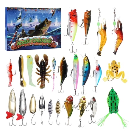 Advent Calendar Fishing Lure Set 24PCS Assorted Hard and Soft Baits Frogs Crankbaits Spoons Shrimp for Freshwater and Saltwater Anglers
