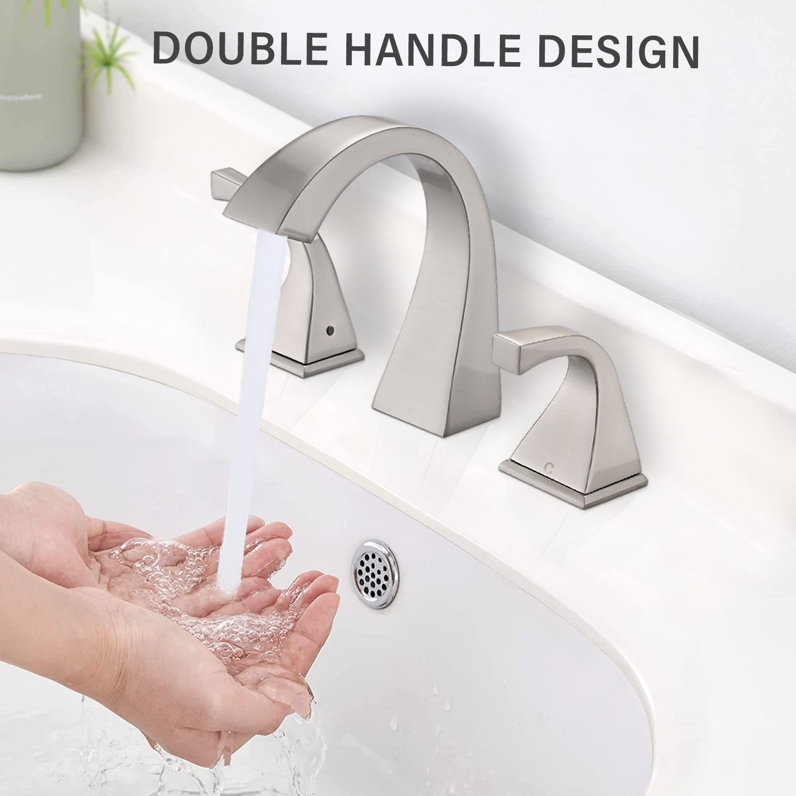 MAYEERTY 2-Handle 3-Hole 6-16" Widespread Bathroom Sink Faucet with Drain & Ceramic Discs, Brushed Nicke