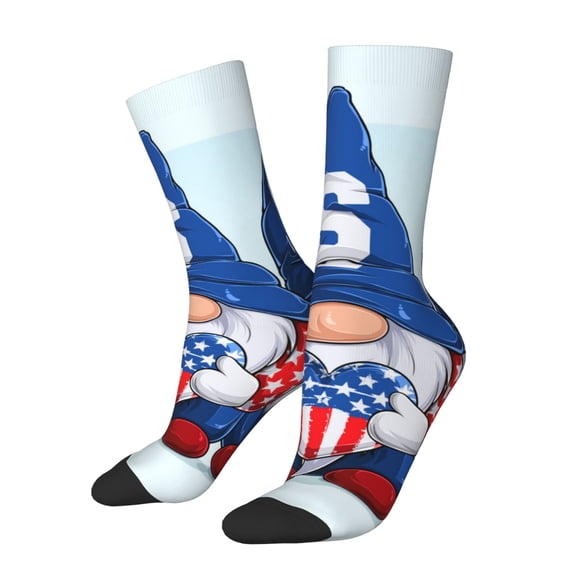 Gukieu Cute Gnomes in USA Print Contrast Color Mid-calf Socks, Sweat-wicking Athletic Socks, Unisex Clothing Accessories