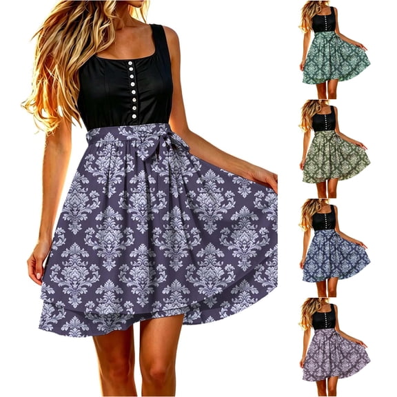 Jane Wardrobe Adjustable Side Tie Damask Print Flared Mini Apron Skirt Women Silky Satin Oktoberfest Bottom 1PC S-M-L
