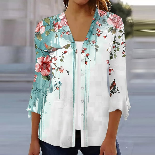 LOVZFMLL Cardigan pour Femmes Cardigan à Boutons Veste Imprimée Manches 3/4 Col Cardigan Imprimé Veste Cardigan Décontractée Veste Cardigan
