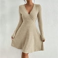 thumbnail image 2 of CharmCyan Long Sleeve V Neck Ribbed Knit Dress for Women A Line Silhouette Soft Fabric Pullover Design Casual Wear Beige L, 2 of 5