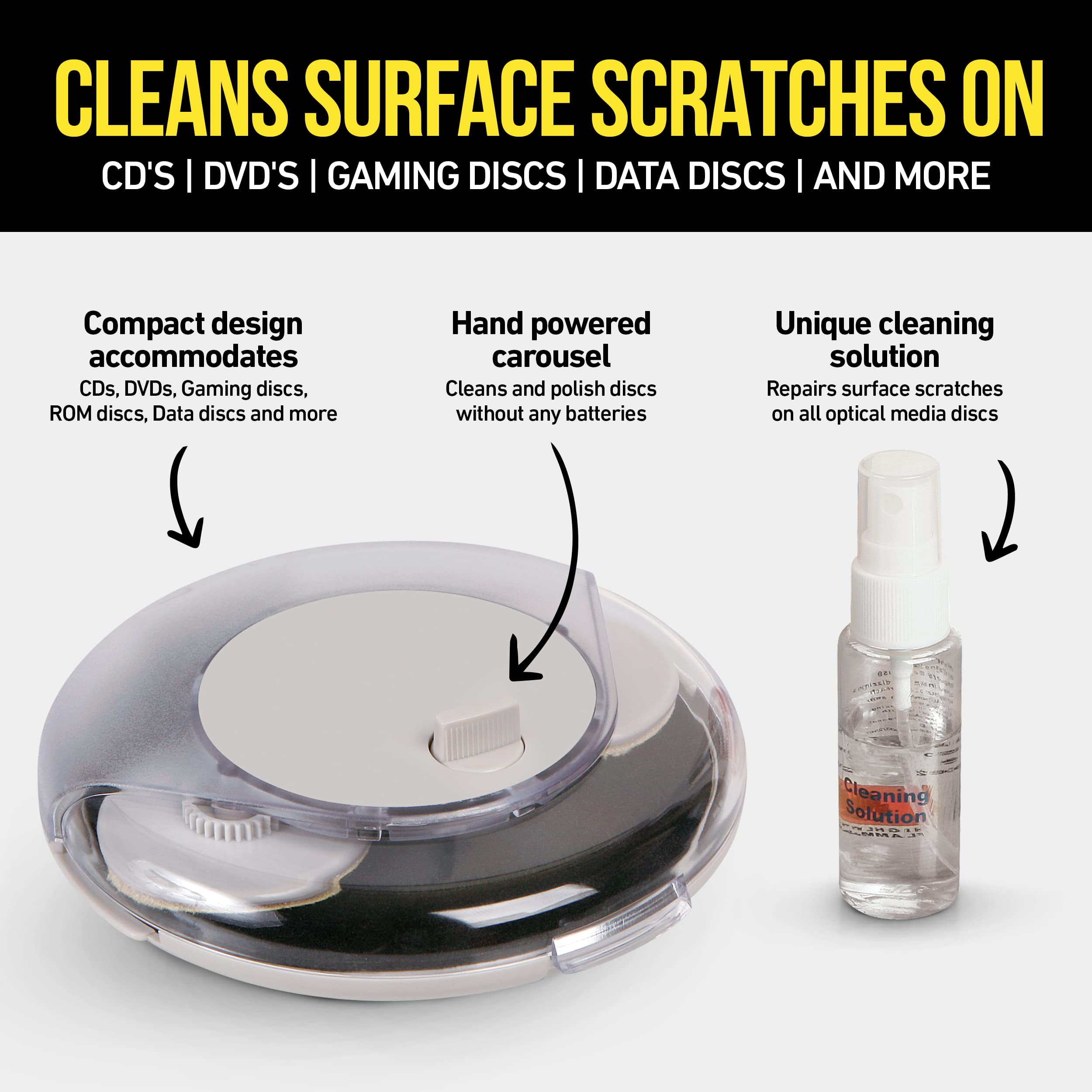DVD CD Repair Kit with Cleaning Solution Included - Hand Powered CD DVD  Cleaner and Scratch Remover Cleans and Polishes Discs with Minor Damage :  : Electronics