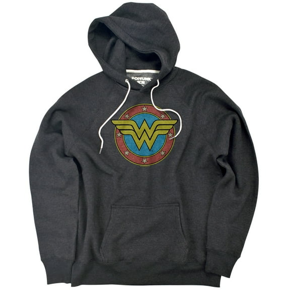 Wonder Woman Vintage Emblem Unisex Adult Slim Fit Pull-Over Heather Hoodie, Charcoal, Small