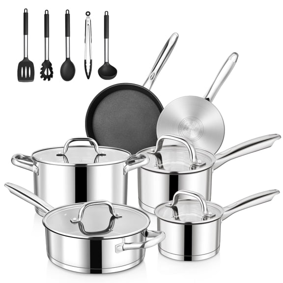 Walchoice 15-Piece Stainless Steel Cookware Set, 3-Ply Base Kitchen Pots and Pans Set, Non-toxic Induction Cooking Set Including Frying Pan Saucepan, Oven & Dishwasher Safe, All Stoves Compatible