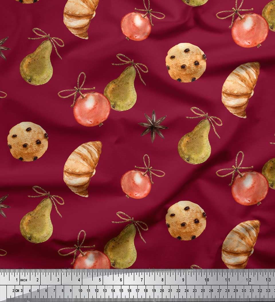 Soimoi Red Rayon Fabric Cookies & Oranament Christmas Printed Fabric 1 Yard 56 Inch Wide