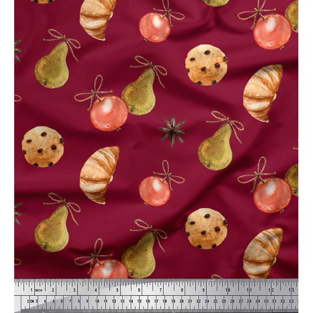 Soimoi Tissu Georgette Rouge Moss Biscuits & Oranament Noël Imprimé 1 Yard 42 Pouces de Large