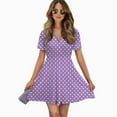 thumbnail image 2 of Light Purple And White Polka Dots Pattern Women Dress V-Neck Short Sleeve Flowy Swing Party Midi Dress, 2 of 4