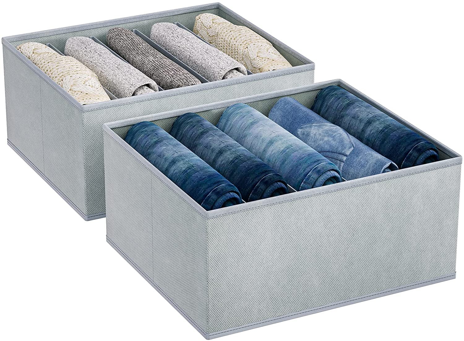 DIMJ Storage Bin for Jeans,  Drawer Organizer for Clothes, Wardrobe Clothes Organizer for Folded Clothes, Fabric Cube Storage Box for Sweater, Dresses, Pants (2 Packs, Grey)