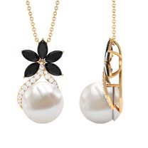 Rosec Jewels Freshwater Pearl Pendant with Black Onyx and Moissanite - Floral Inspired Pendant, 10K Yellow Gold