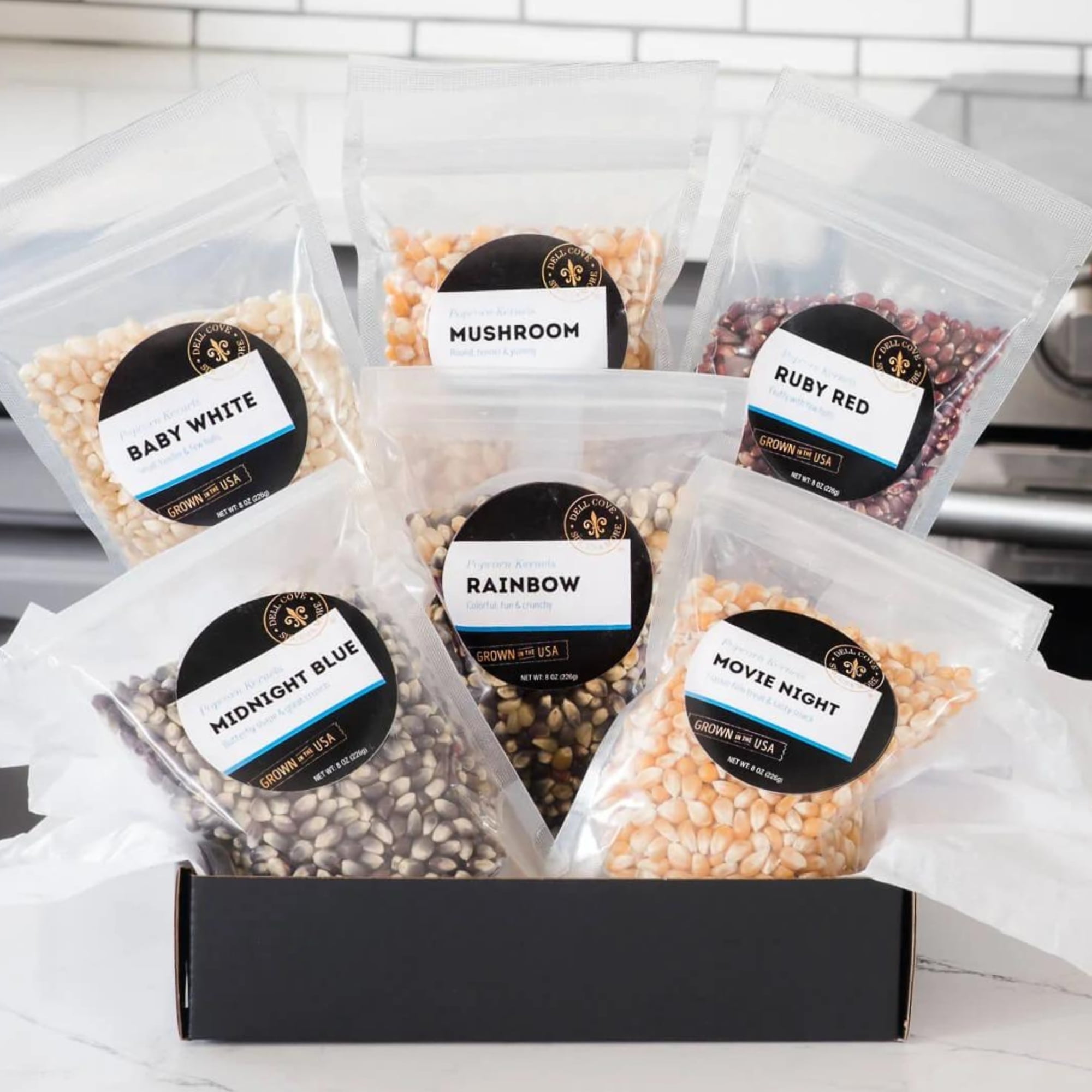 Deluxe Popcorn Gift Set - Gourmet Sampler 6 Pack of Popcorn Kernels, Gluten-Free - Perfect for Movie Nights and Holiday Gifts - Dell Cove Spices & More