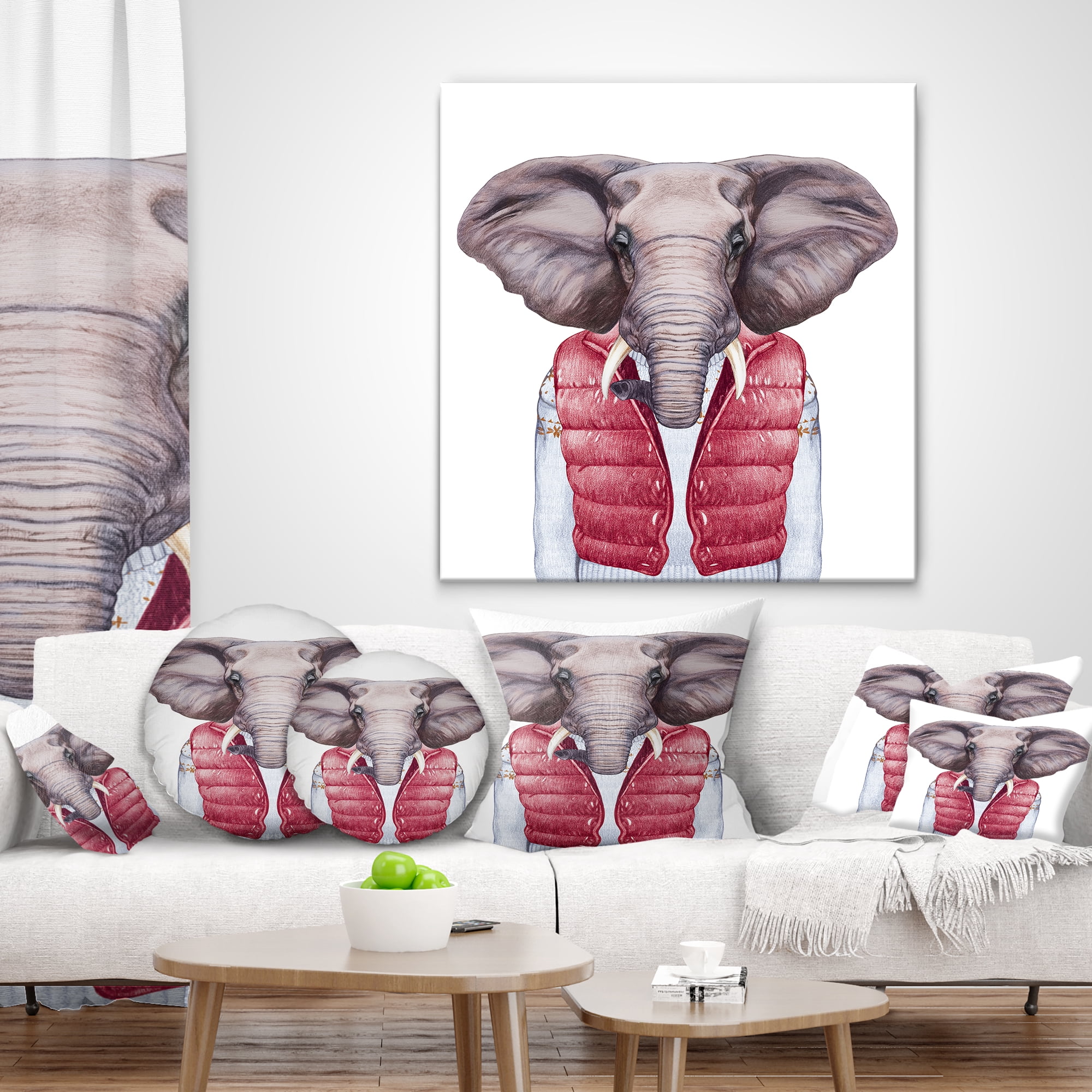 Designart Elephant in Vest and Sweater - Contemporary Animal Throw Pillow - 16x16