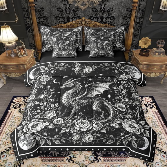 Homewish Teens Animal Magical Dragon Twin Bedding Sets 7-Piece,Boho Starry Sky Bedding Comforter Set Microfiber,Chic Floral Flowers Breathable Sheet Sets,Lightweight Room Decor,Reversible