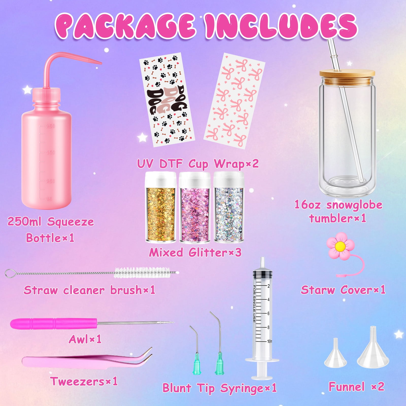 1 Pack Snow Globe Tumbler Supplies ，16 Pcs DIY Glitter Snowglobe Cup Set– Includes a 16oz Double-Wall Acrylic Tumbler, UV DTF Wraps, Craft Glitter, and DIY Tools（1-cup Kit）