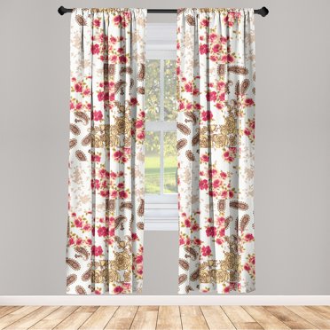 Ethnic Window Curtains, Paisley Motifs with Flowers Minimalistic Ornament on Plain Back, Lightweight Decor 2-Panel Set with Rod Pocket, Pair of - 28"x84", Dark Coral Umber and Taupe, by Ambesonne