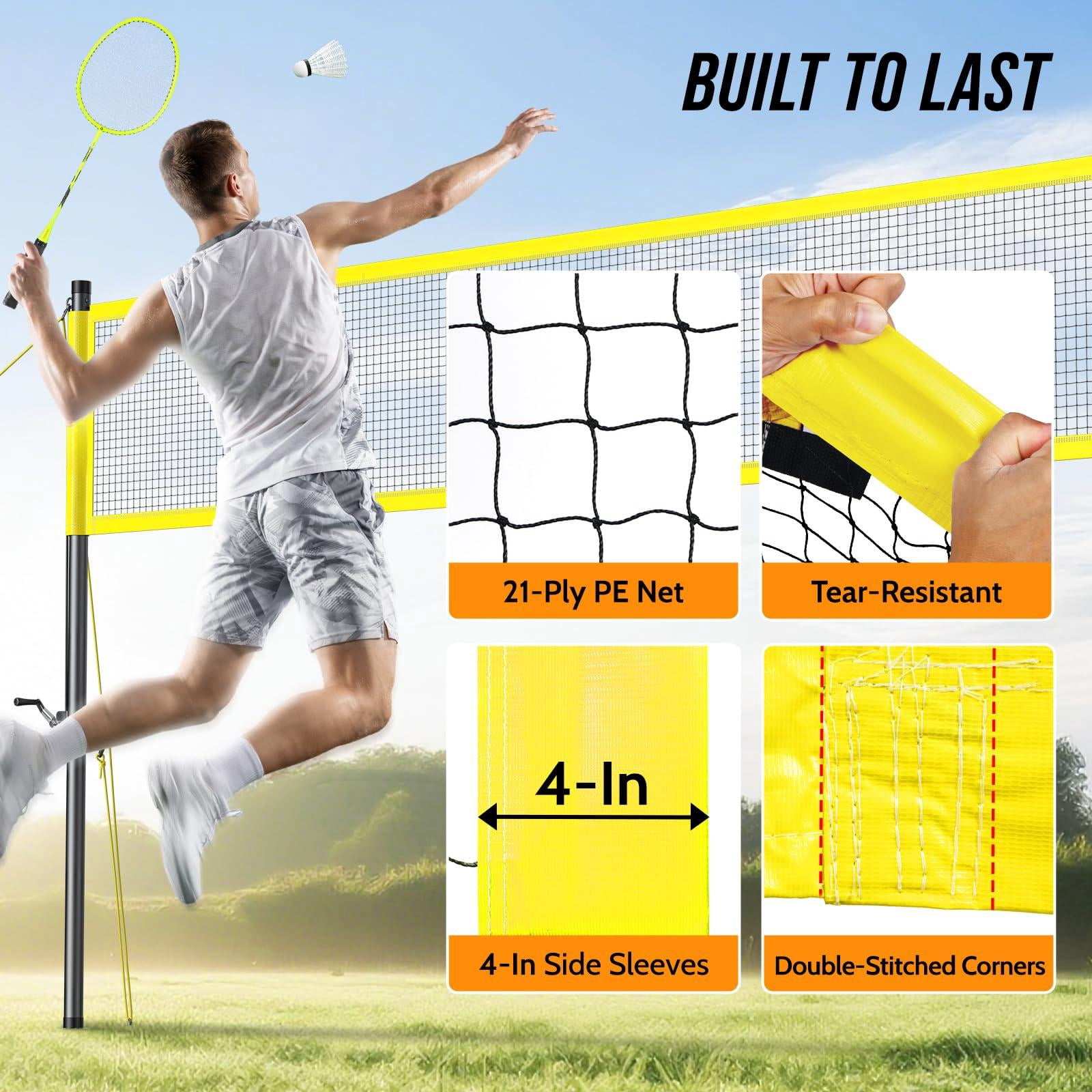 Volleyball Badminton Net Set Combo For Backyard Beach  2-in-1 Adjustable With 4 Heights (5.1-8ft) & 3 Widths (20-32ft) 4 Aluminum Rackets Goose Shuttlecocks Carrying Bag