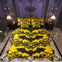 Manfei Halloween Gothic Bat Bedding Comforter Set 7pcs, Bohemian Damask Flower Print Queen Bedding Sets, Mystic Hippie Western Reversible Queen Sheet Sets, Microfiber Bedroom Decor