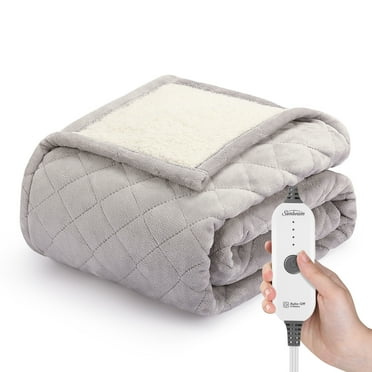 Sunbeam Dove Grey Quilted Velvet Reverse Sherpa Electric Heated Throw, 50" x 60", 4 Heat Settings, Fast Heating, 4-Hour Auto Shut-Off, Machine Washable