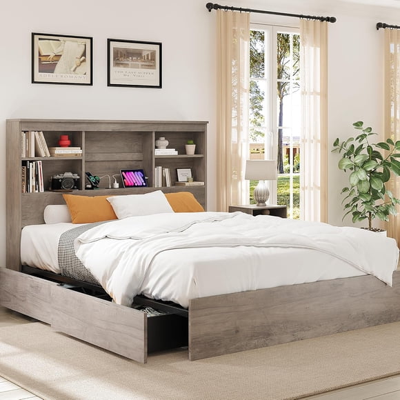 King Size Bed Frame with High Storage Bookcase Headboard, Wood Bed Frame with 4 Storage Drawers, Built in Charging Station, No Box Spring Needed, Metal Frame, Noise-Free, Grey