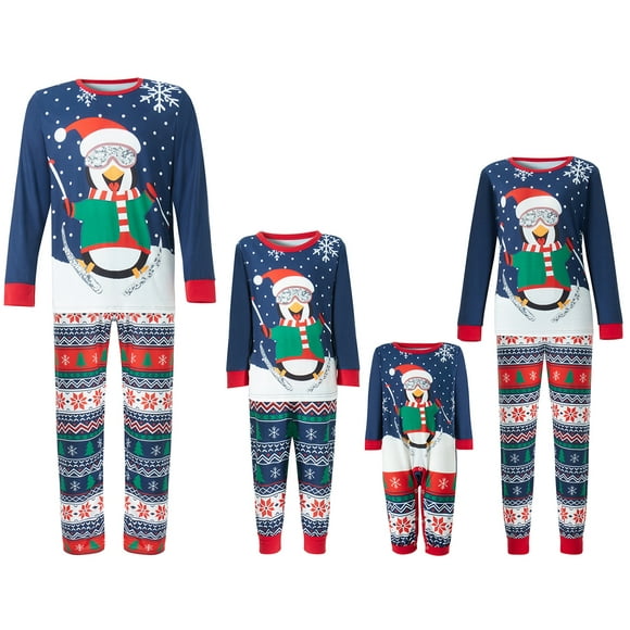 Sunloudy Family Matching Christmas Pajamas, Cartoon Penguin Print Long-Sleeve Tops + Elastic Waist Trousers Loose Set