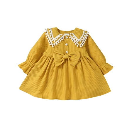 

Beiwei Toddler Round Collar Ruffle Party Dress Button Down Casual Dresses Plain Princess Sundress