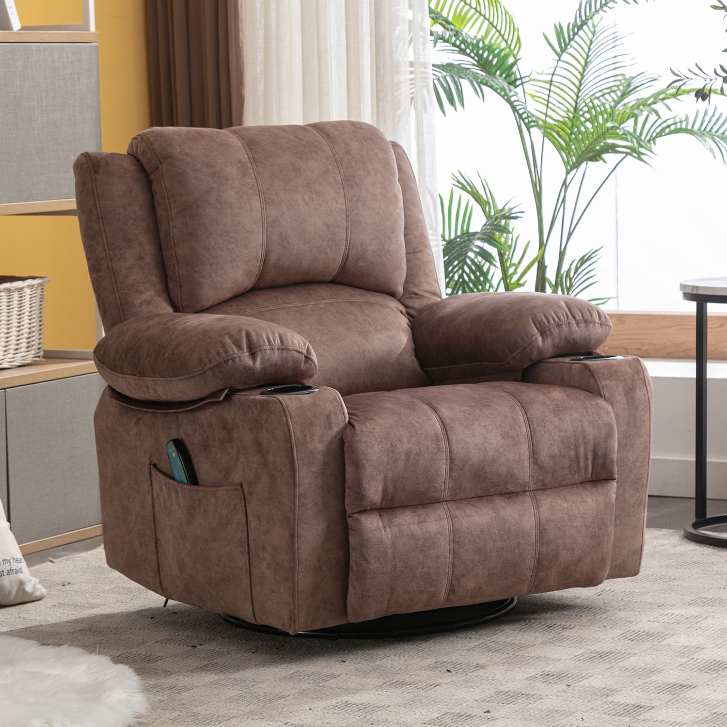 JONPONY Kneading Massage Rocker Recliner Chair with 4-Point 3D Kneading Massage and Heat Ergonomic Lounge Chair for Living Room with Rocking Function and 2 Cup Holders, USB Charge Port,Brown