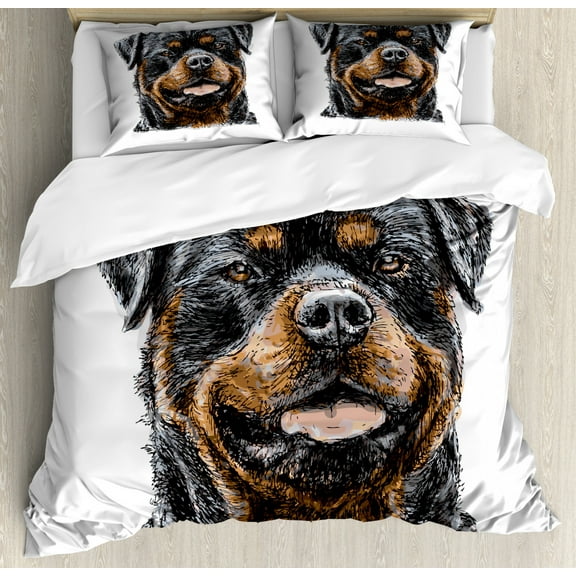 Rottweiler Duvet Cover Set Queen Size, Hand Drawn Image of Dog Type Realistic and Furry, 3 Piece Bedding Set with 2 Pillow Shams, Pale Cinnamon Tan and Dark Chestnut Brown, by Ambesonne