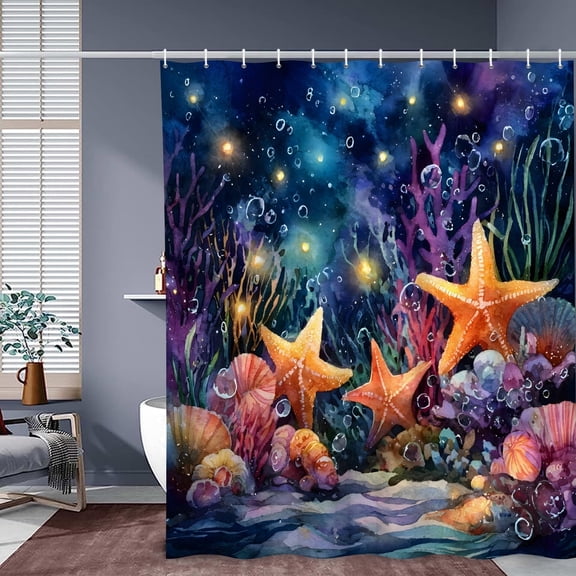 MIZHONA Ocean Coastal Shower Curtain Starfish and Coral Fabric Bathroom Curtain 72x72 in