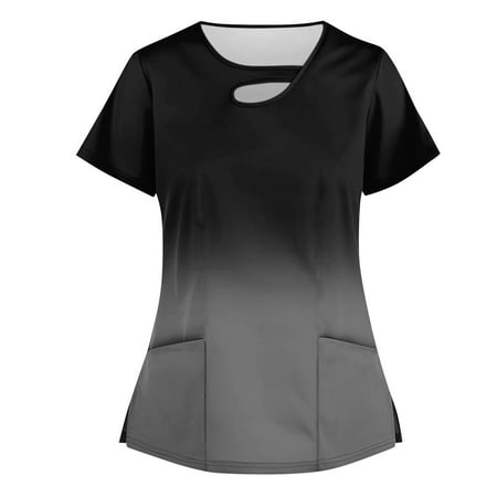 

YDKZYMD Women s Scrubs Summer Gradient Printed with Two Pocket Plus Size V Neck Short Sleeve Scrub Tops for Women Dark Gray M
