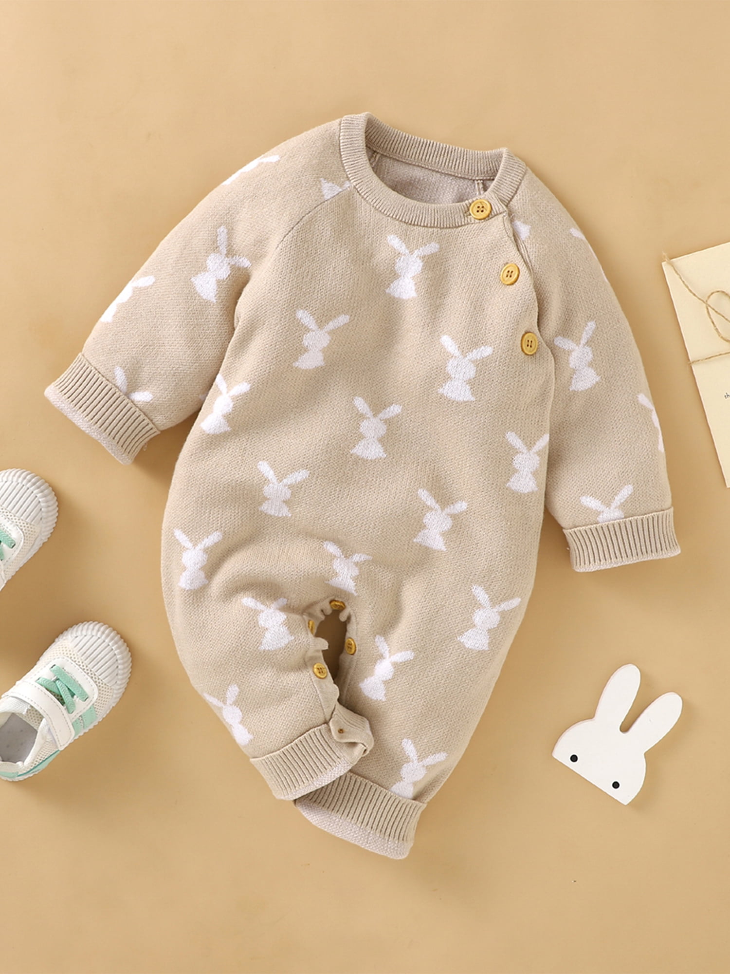 wsevypo Newborn Baby Bunny Romper Infant Knited Easter Outfits Long Sleeve Jumpsuit for Boys Girls One Piece Overall