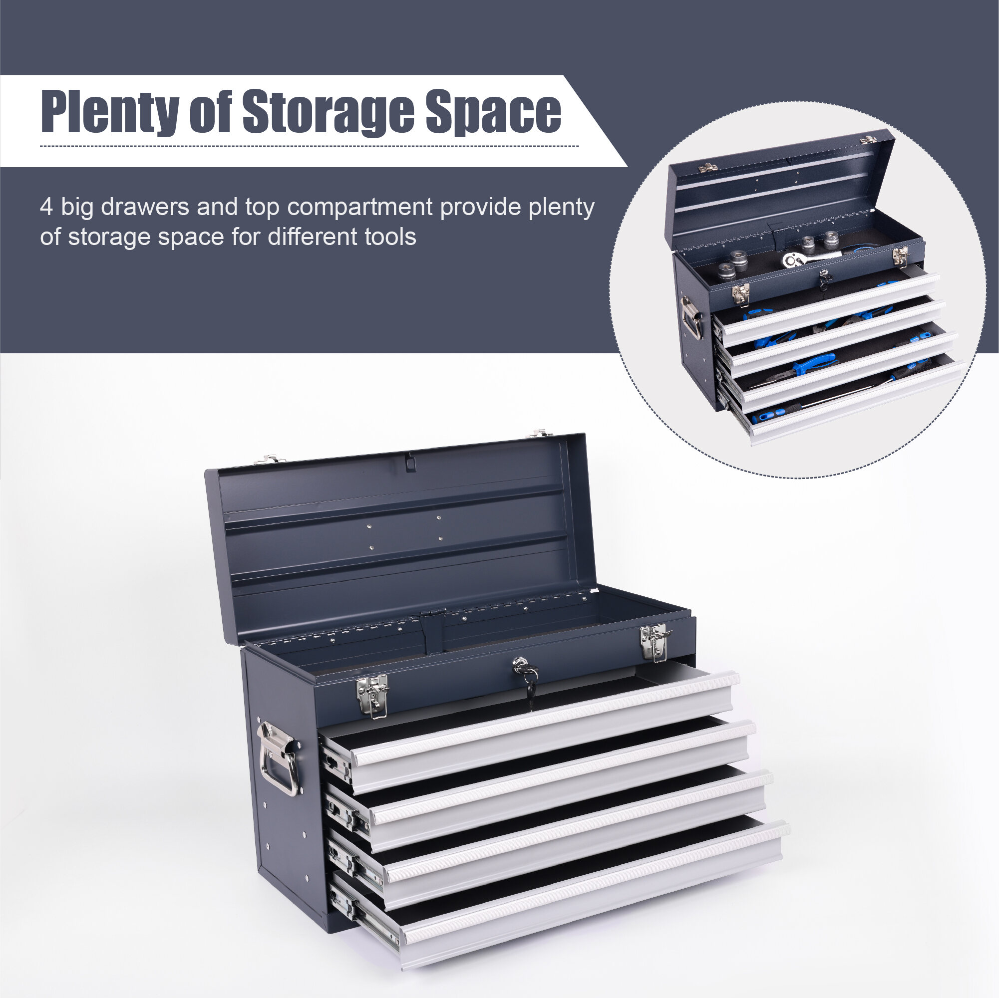 Mechanics Tool Box Heavy Duty Metal Tool Box, 21-inch, Portable Metal Tool Box with 4 Drawers, Small Tool Chest with EVA Liners, Ball Bearing Slide Drawers Locking & Powder Coated Finish, Multi-Funct