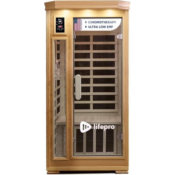 LifePro RejuvaCure Low-EMF Infrared Sauna for Home – 1 Person Indoor Wooden Sauna Box with Tempered Glass, Chromotherapy & Bluetooth Speakers