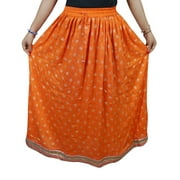 Mogul Women's Long Skirt A-Line Indian Golden Sari Border Orange Hippie Chic Skirts