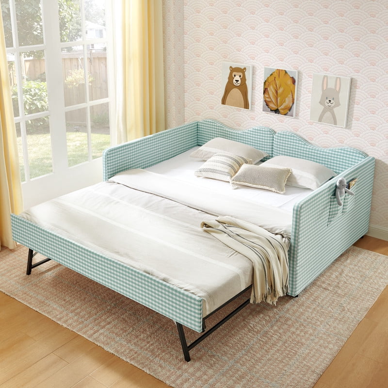 Full Size Gingham Daybed with Trundle, Upholstered Day Bed Frame with Side Storage Pocket & Wave-Shaped Backrest, Modern Sofa Bed for Living Room, Bedroom, No Box Spring Needed