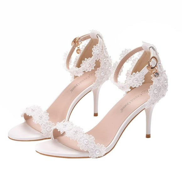 1 par de zapatos de tacón alto con encaje puntiagudo para novia, sexys, para boda (blancos)