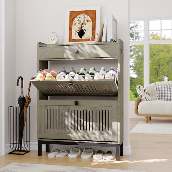 2 Flip Drawer Shoe Cabinet with Adjustable Shelves, Hidden Shoe Organizer with Top Drawer, Freestanding Wooden Shoe Rack for Entryway, Hallway, Living Room, Washed Gray