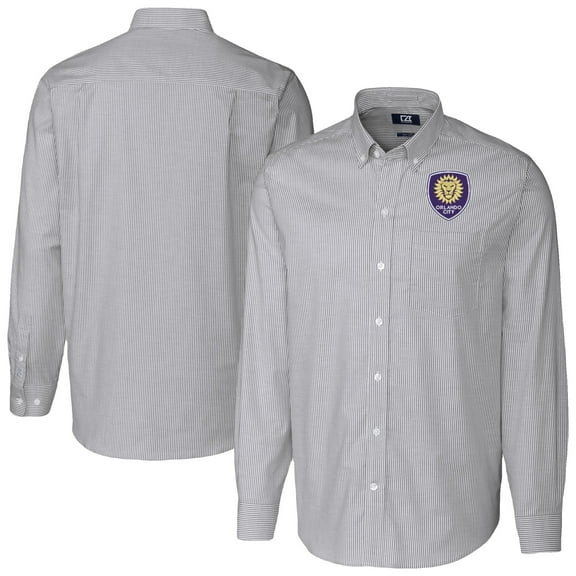 Men's-Cutter & Buck  Charcoal Orlando City SC Stretch Oxford Stripe Tri-Blend Long Sleeve Button-Down Shirt