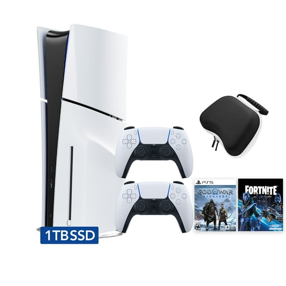 PlayStation 5 Slim Disc 1TB SSD Fortnite Cobalt Star Bundle God of War Bundle with Two DualSense Controllers and Mytrix Hard Shell Protective Controller Case - PS5 Slim Disc Edition
