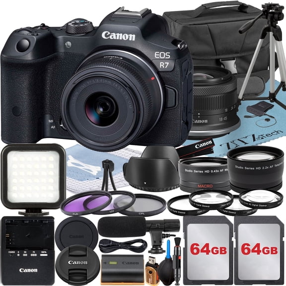 Canon EOS R7 Mirrorless Camera with RF-S 18-45mm Lens   2 Pack 64GB Memory Card   Case   ZeeTech Accessory (International Version)