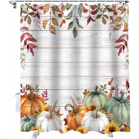Fall Shower Curtain Sage Green Pumpkin Shower Curtains for Decor Sunflower Eucalyptus Leaves Wood Grain Bath Curtains Sets with Hooks for Autumn Thanksgiving Decor Waterproof Extra Long 84" X 72"