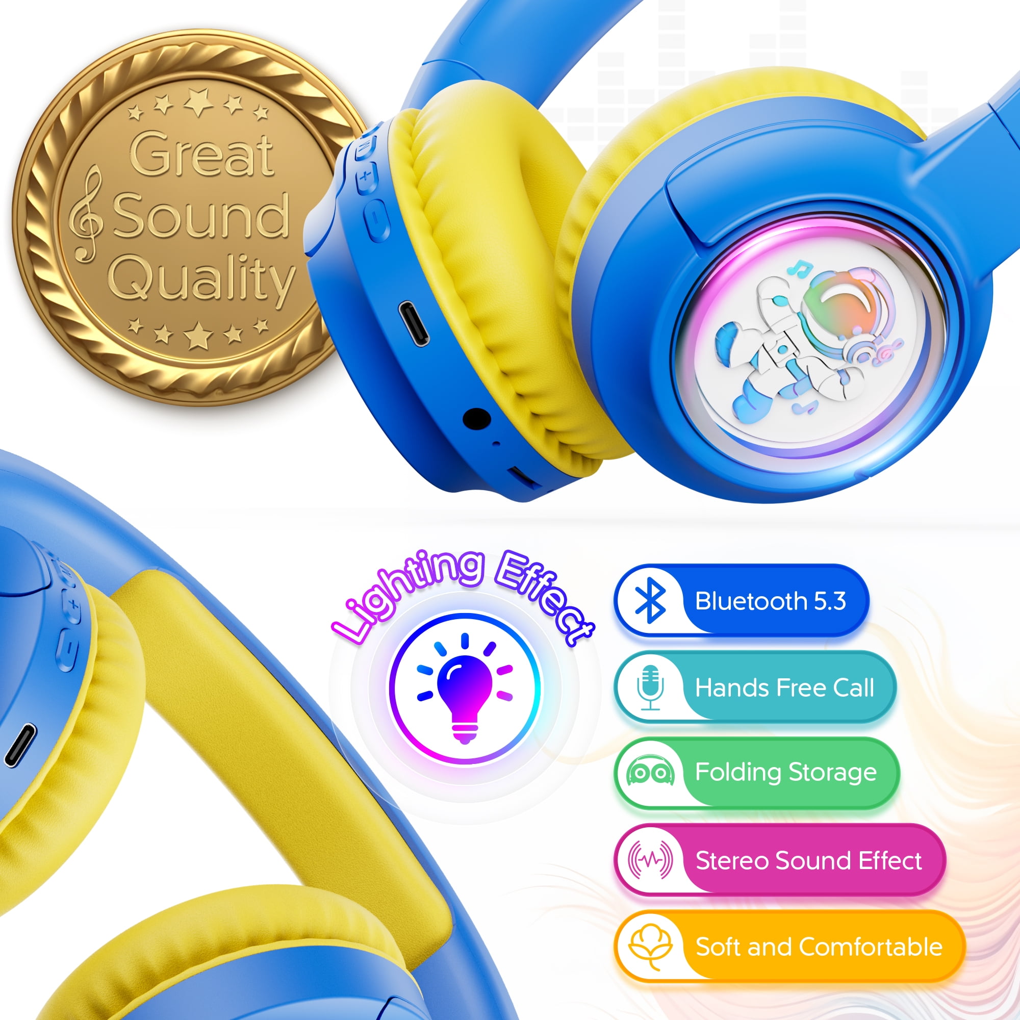 Contixo Foldable Kids Headphones with Microphone, Noise-Limiting Bluetooth Headphones, Blue