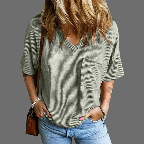 Women's Solid Fashion Short Sleeve Shirts, Oversized Knitted Sexy V-Neck Blouse, Loose Casual Top, Lightweight and Comfortable, Perfect for Daily Wear, Weekend Outfits